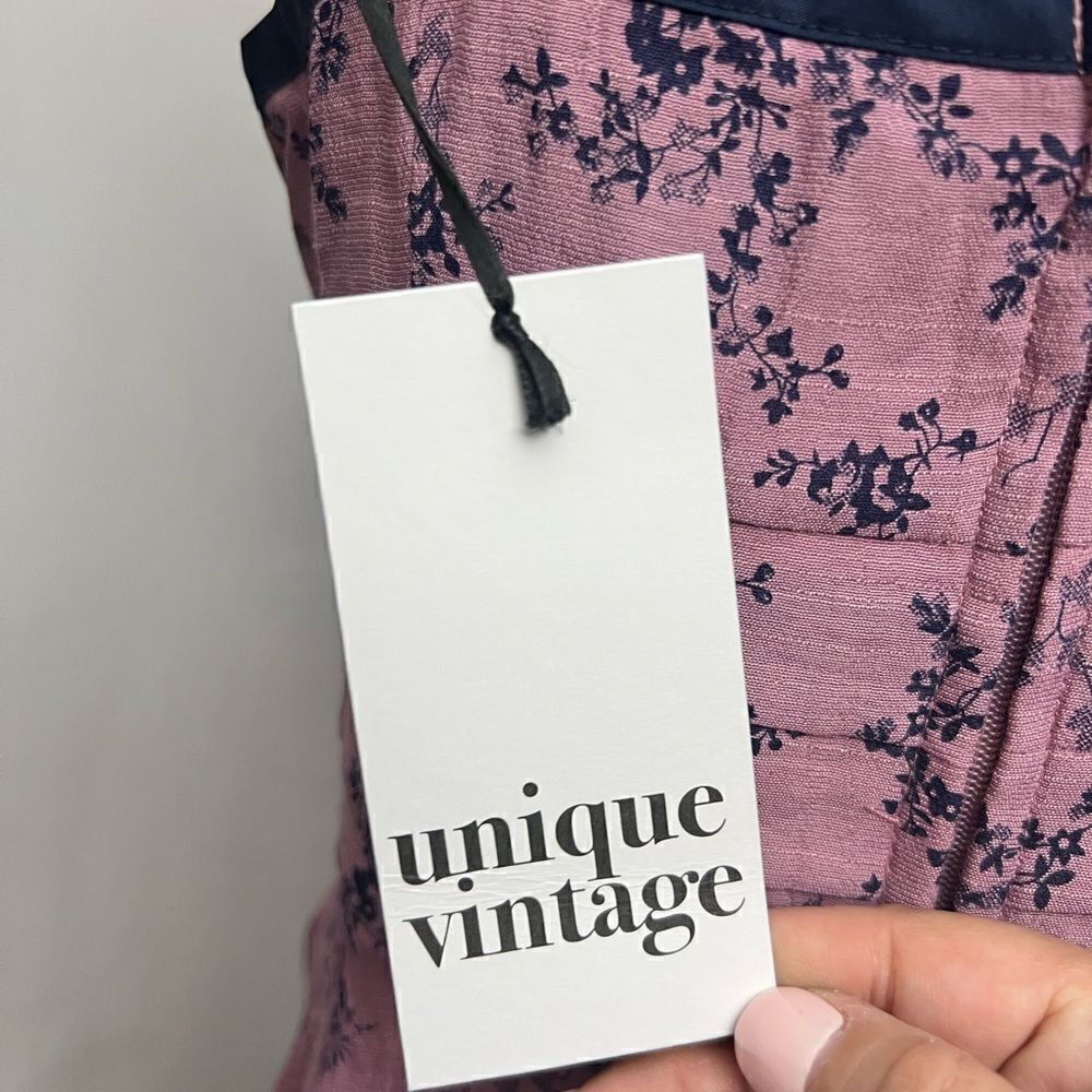 Unique Vintage Purple Navy Floral Print Flare Dress - Picture 6 of 11